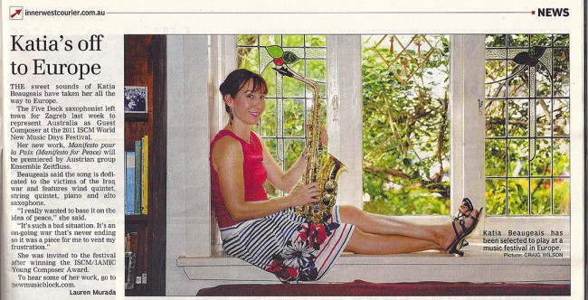 Newspaper article about the premiere of 'Manifesto pour la Paix' at the 2011 ISCM World New Music Days Festival, Croatia. It was the photographer's idea to sit like this on my window sill!