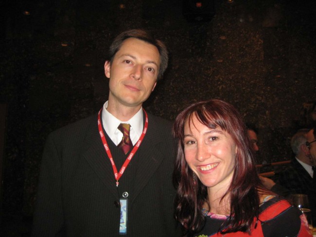 2011 ISCM Festival closing ceremony, Croatia.  With Antun Tomislaz Saban (Secretary General of the Croatian Composers Society) following the premiere of 'Manifesto pour la Paix' for strings, winds, saxophone, piano.