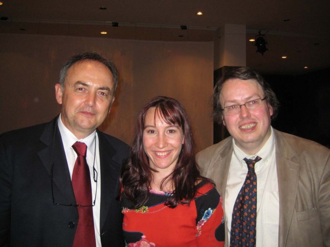 2011 ISCM Festival closing ceremony, Croatia.  With Peter Swinnen from Belgium (right) President of ISCM & 2010 ISCM Young Composers Award jury) and John Davis (left) CEO of Australian Music Centre & past President of ISCM.