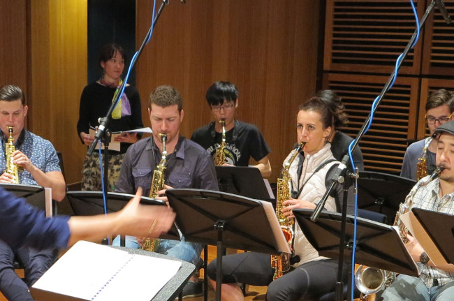 Recording of First Light at Uluru for saxophone orchestra with composer Katia Beaugeais. 