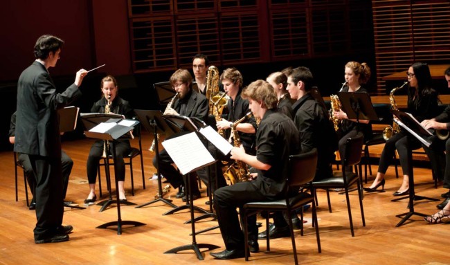 Sydney Conservatorium Saxophone Orchestra performing 'Drifting Memories' with conductor Dr Michael Duke. Verbugghen Hall, Sydney Conservatorium Lunch-time Series. 3 November 2010.