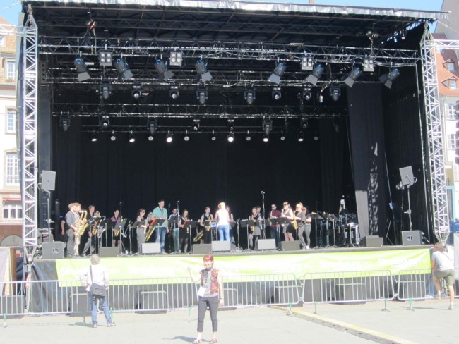 Sound check at Place Kléber, main square of Strasbourg - Premiere of 'First Light at Uluru' for saxophone orchestra.