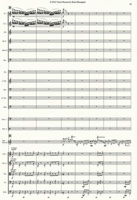  Movt IV p.91 - Terra Obscura: Concerto for Saxophone for solo saxophone & chamber orchestra. Exploring percussive string bow hitting sounds with sax slap-tongue effects.