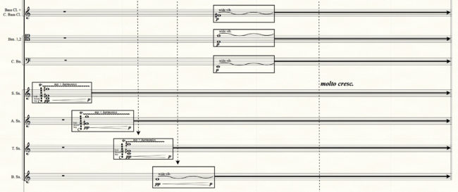 Atmospheric saxophone multiphonics within a fusion of vibrato sound effects by the whole wind symphony 