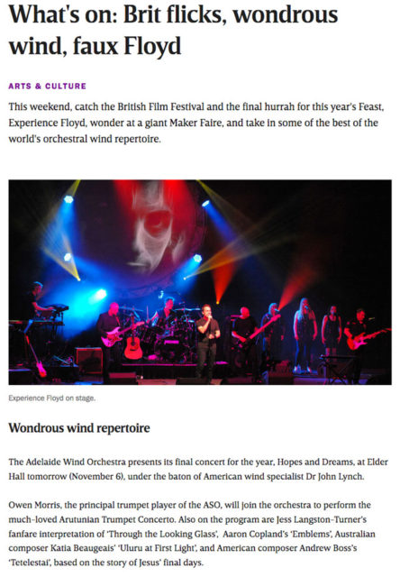 News Publicity: Second performance of First Light at Uluru for Wind Symphony in Adelaide.