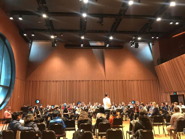 Rehearsal of Together We Unite Through Music for Saxophone orchestra by Katia Beaugeais